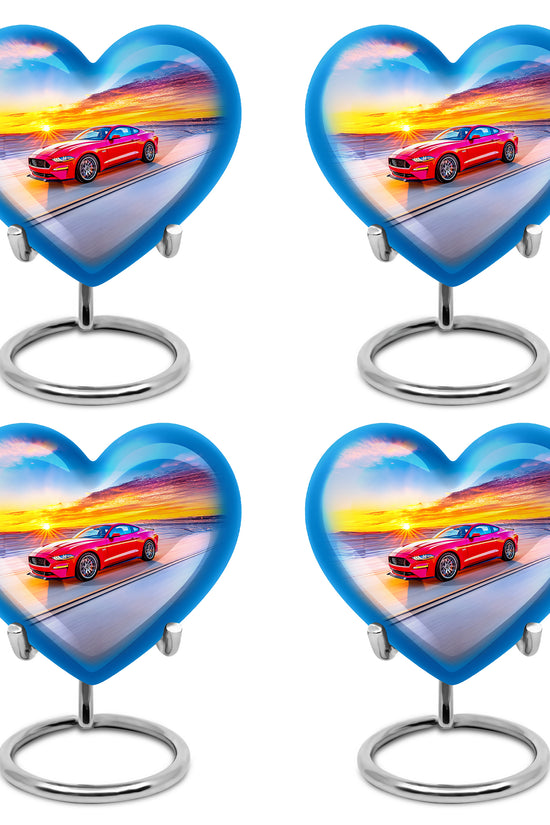 Bright Blue Car Cremation Urn angled view of lid and engraved motif - romantic heart urn with car motif on aluminum - 10 inch aluminum urn for cremated remains