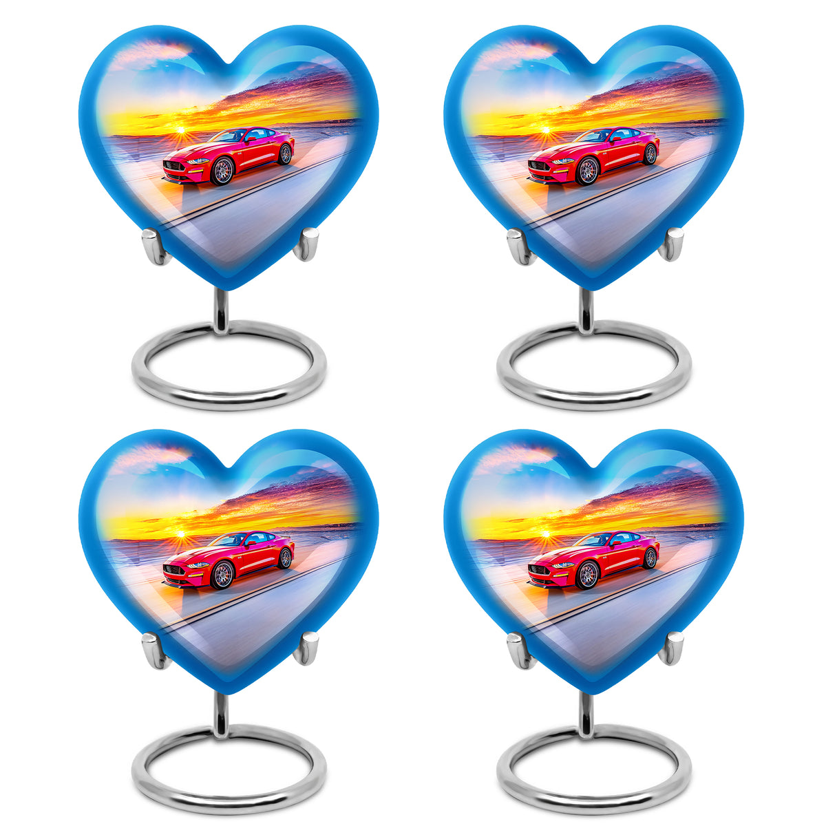 Bright Blue Car Cremation Urn angled view of lid and engraved motif - romantic heart urn with car motif on aluminum - 10 inch aluminum urn for cremated remains