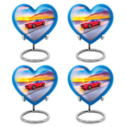 Bright Blue Car Cremation Urn angled view of lid and engraved motif - romantic heart urn with car motif on aluminum - 10 inch aluminum urn for cremated remains