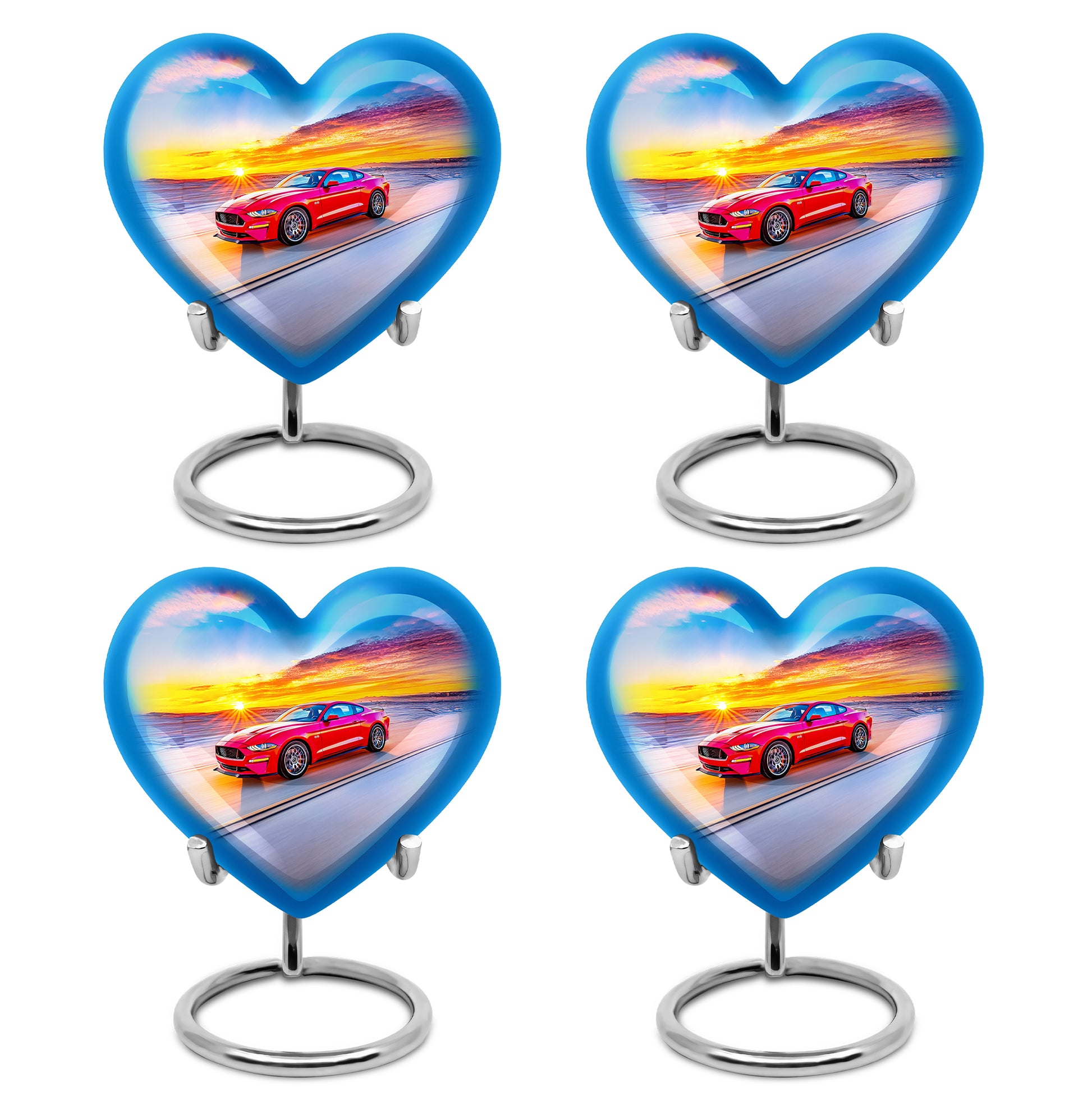 Bright Blue Car Cremation Urn angled view of lid and engraved motif - romantic heart urn with car motif on aluminum - 10 inch aluminum urn for cremated remains