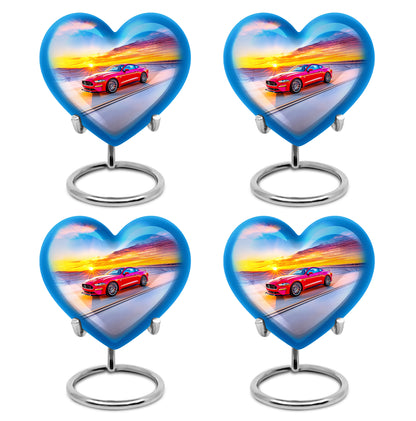 Bright Blue Car Cremation Urn angled view of lid and engraved motif - romantic heart urn with car motif on aluminum - 10 inch aluminum urn for cremated remains
