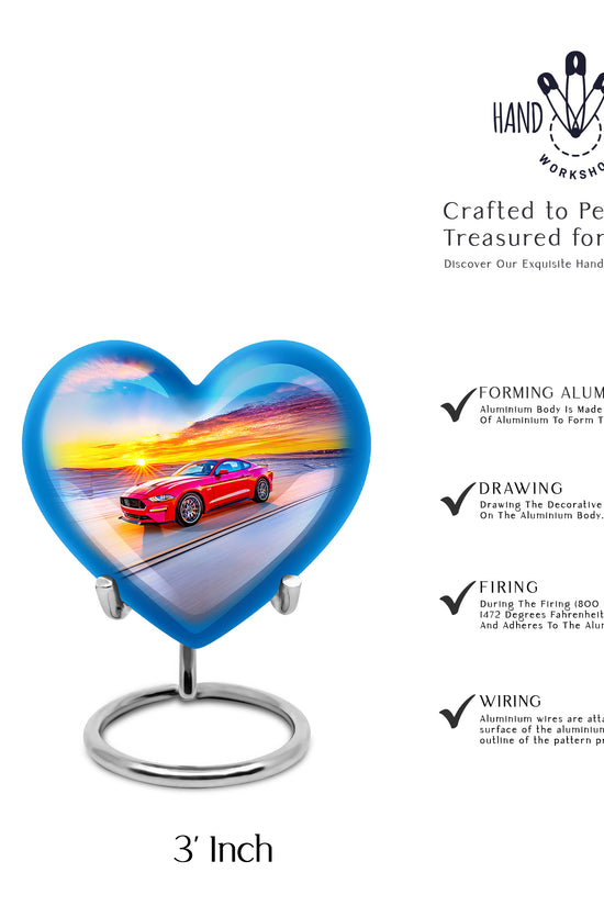 Sky Blue Car Cremation Urn front view showing detailed design - loving heart memorial featuring car pattern - mini keepsake memorial for portion of cremation ashes