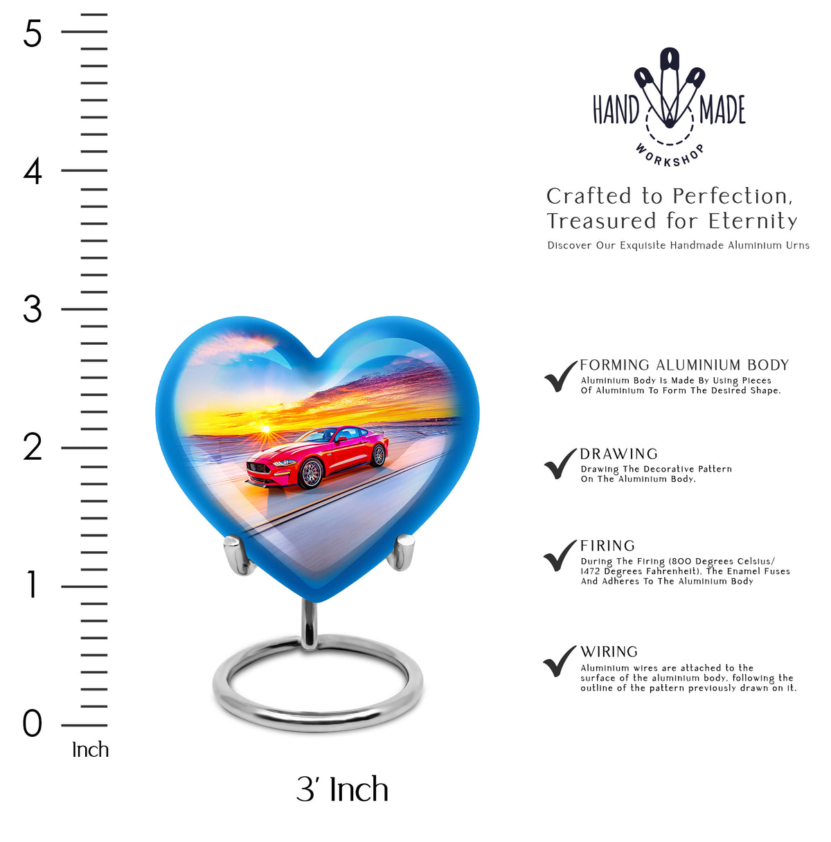Sky Blue Car Cremation Urn front view showing detailed design - loving heart memorial featuring car pattern - mini keepsake memorial for portion of cremation ashes