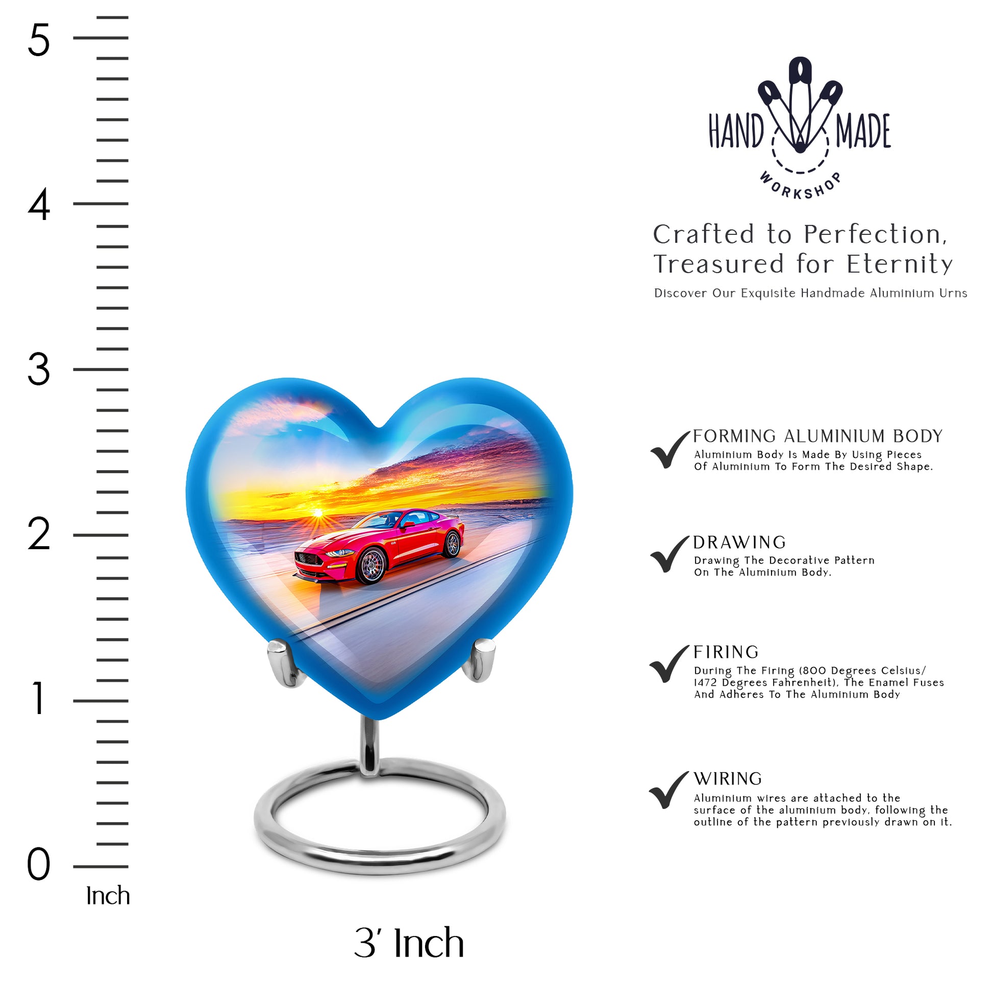Sky Blue Car Cremation Urn front view showing detailed design - loving heart memorial featuring car pattern - mini keepsake memorial for portion of cremation ashes