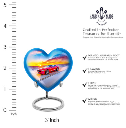 Sky Blue Car Cremation Urn front view showing detailed design - loving heart memorial featuring car pattern - mini keepsake memorial for portion of cremation ashes