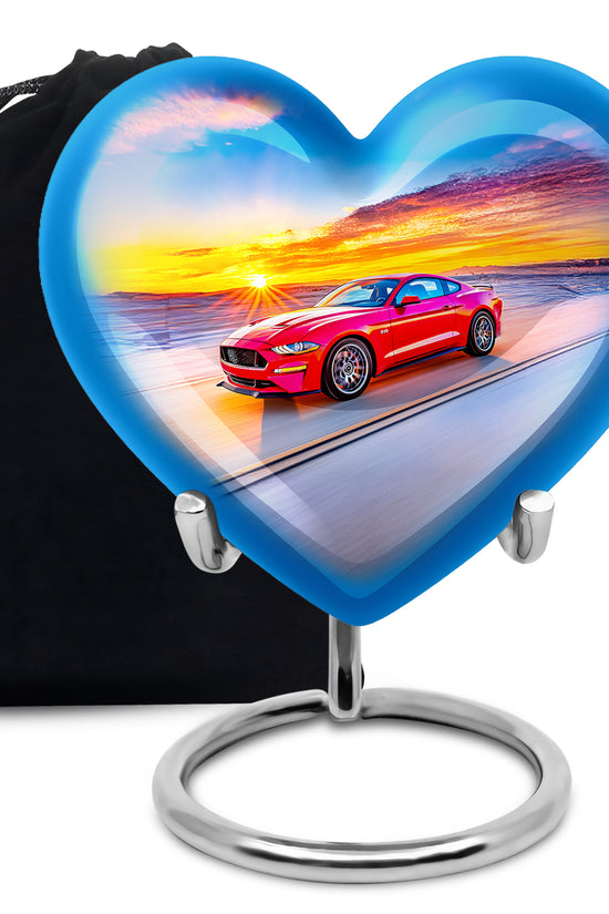 Calming Blue Car Cremation Urn detail view - compassionate heart-car combination with gentle curves - full-size 10 inch 200 cubic inch adult cremation urn