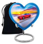 Calming Blue Car Cremation Urn detail view - compassionate heart-car combination with gentle curves - full-size 10 inch 200 cubic inch adult cremation urn