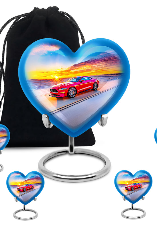 Royal Blue Car Cremation Urn close-up of engraving and surface detail - compassionate heart-car combination with gentle curves - memorial set with one large and four small urns