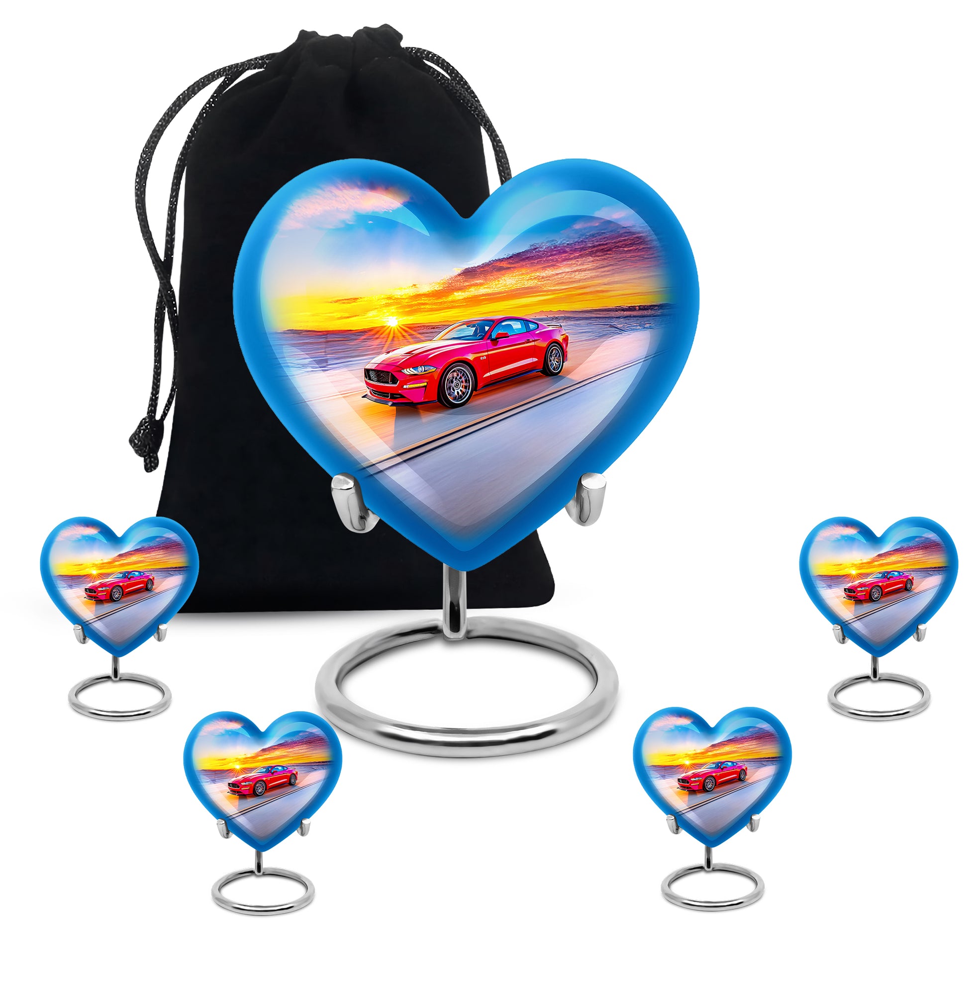 Royal Blue Car Cremation Urn close-up of engraving and surface detail - compassionate heart-car combination with gentle curves - memorial set with one large and four small urns