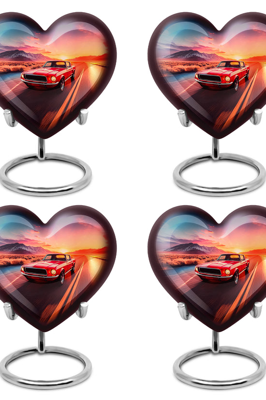 Slate Blue Car Cremation Urn angled view of lid and engraved motif - heart-shaped car design symbolizing eternal love - 10 inch aluminum urn for cremated remains