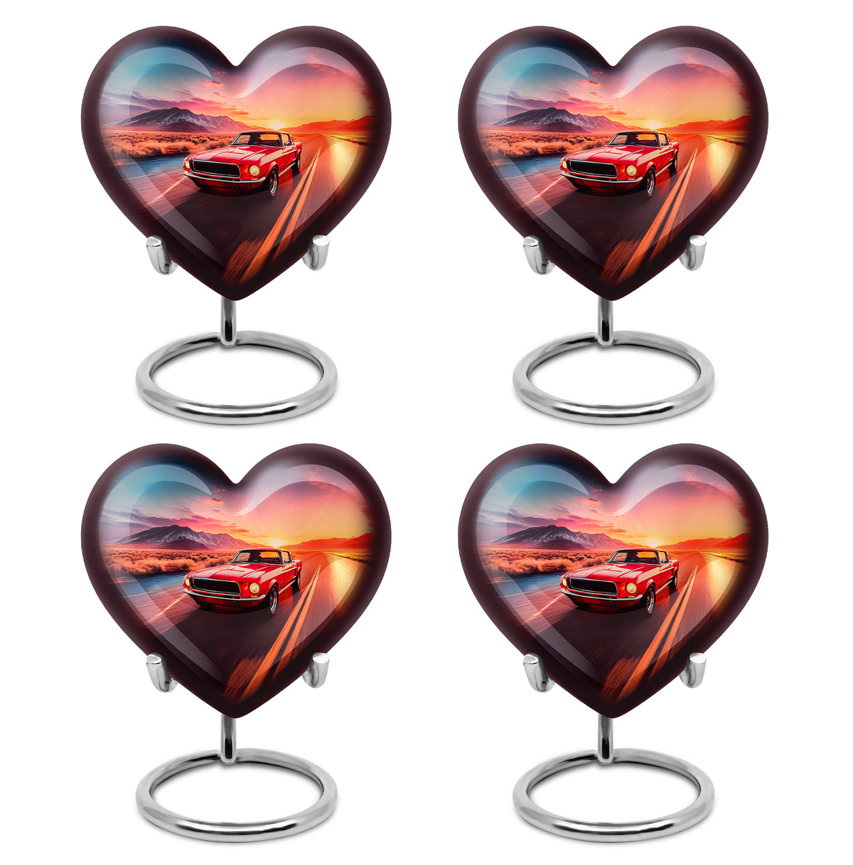 Slate Blue Car Cremation Urn angled view of lid and engraved motif - heart-shaped car design symbolizing eternal love - 10 inch aluminum urn for cremated remains