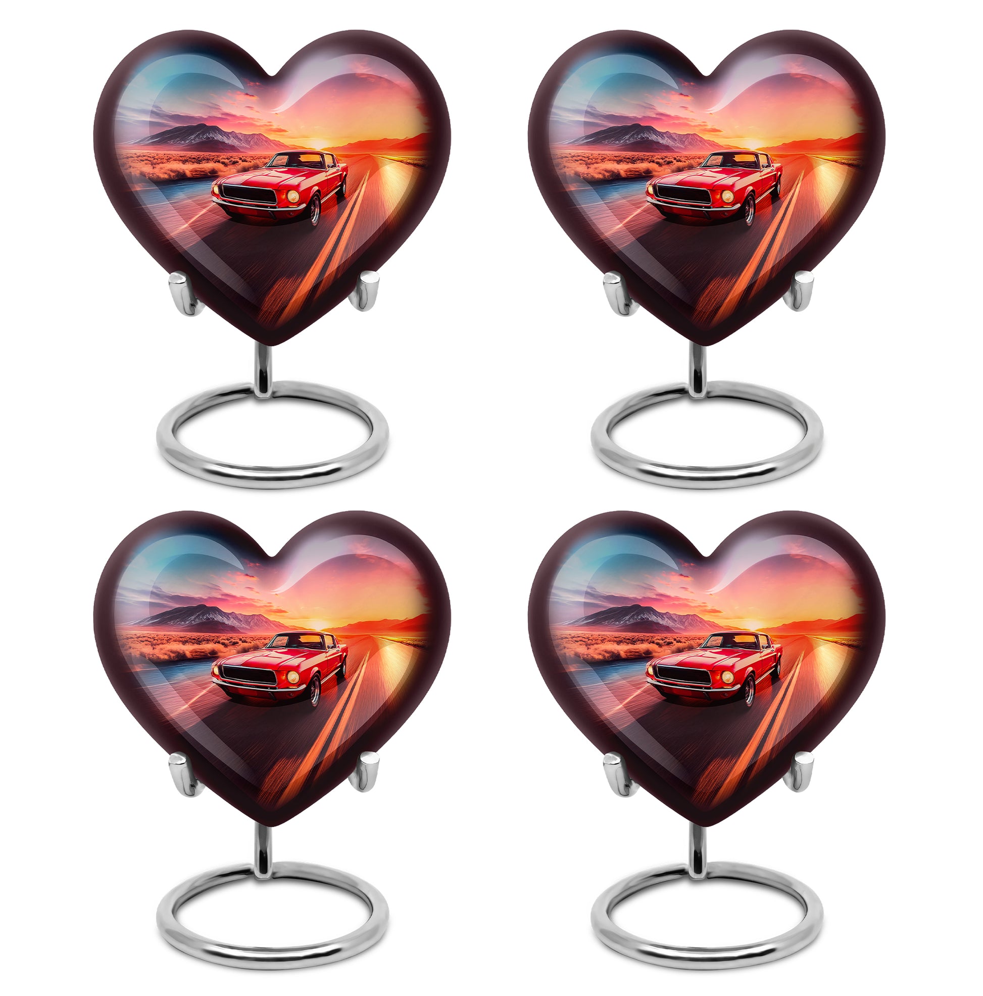 Slate Blue Car Cremation Urn angled view of lid and engraved motif - heart-shaped car design symbolizing eternal love - 10 inch aluminum urn for cremated remains