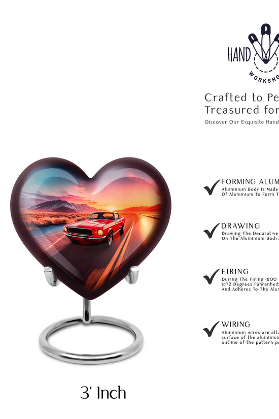 Steel Blue Car Cremation Urn front view showing detailed design - compassionate heart-car combination with gentle curves - mini keepsake memorial for portion of cremation ashes