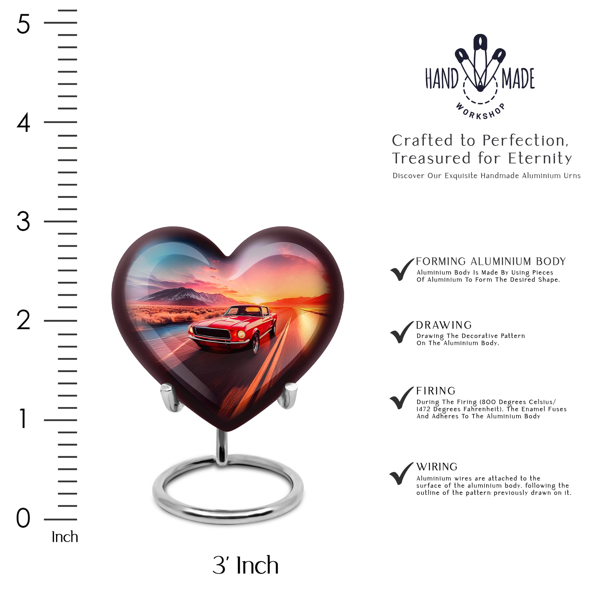 Steel Blue Car Cremation Urn front view showing detailed design - compassionate heart-car combination with gentle curves - mini keepsake memorial for portion of cremation ashes