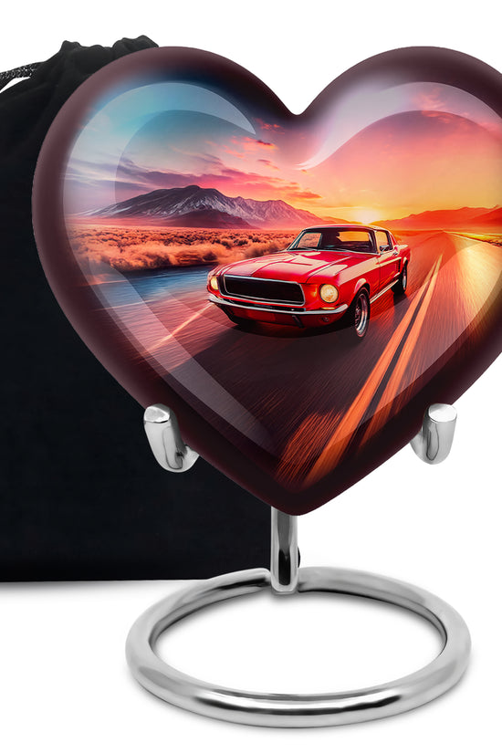 Royal Blue Car Cremation Urn detail view - compassionate heart-car combination with gentle curves - full-size 10 inch 200 cubic inch adult cremation urn