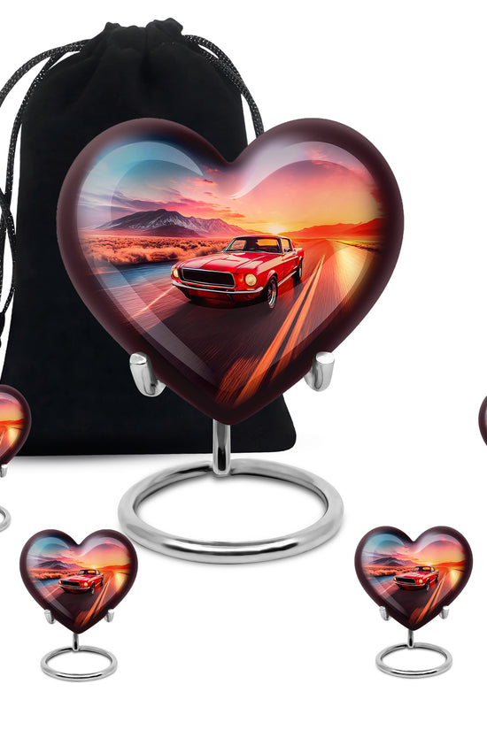 Indigo Car Cremation Urn close-up of engraving and surface detail - loving heart memorial featuring car pattern - memorial set with one large and four small urns