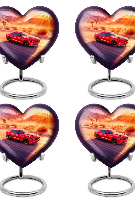 Blush Pink Car Cremation Urn angled view of lid and engraved motif - heart-shaped car design symbolizing eternal love - 10 inch aluminum urn for cremated remains