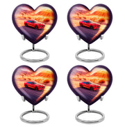 Blush Pink Car Cremation Urn angled view of lid and engraved motif - heart-shaped car design symbolizing eternal love - 10 inch aluminum urn for cremated remains