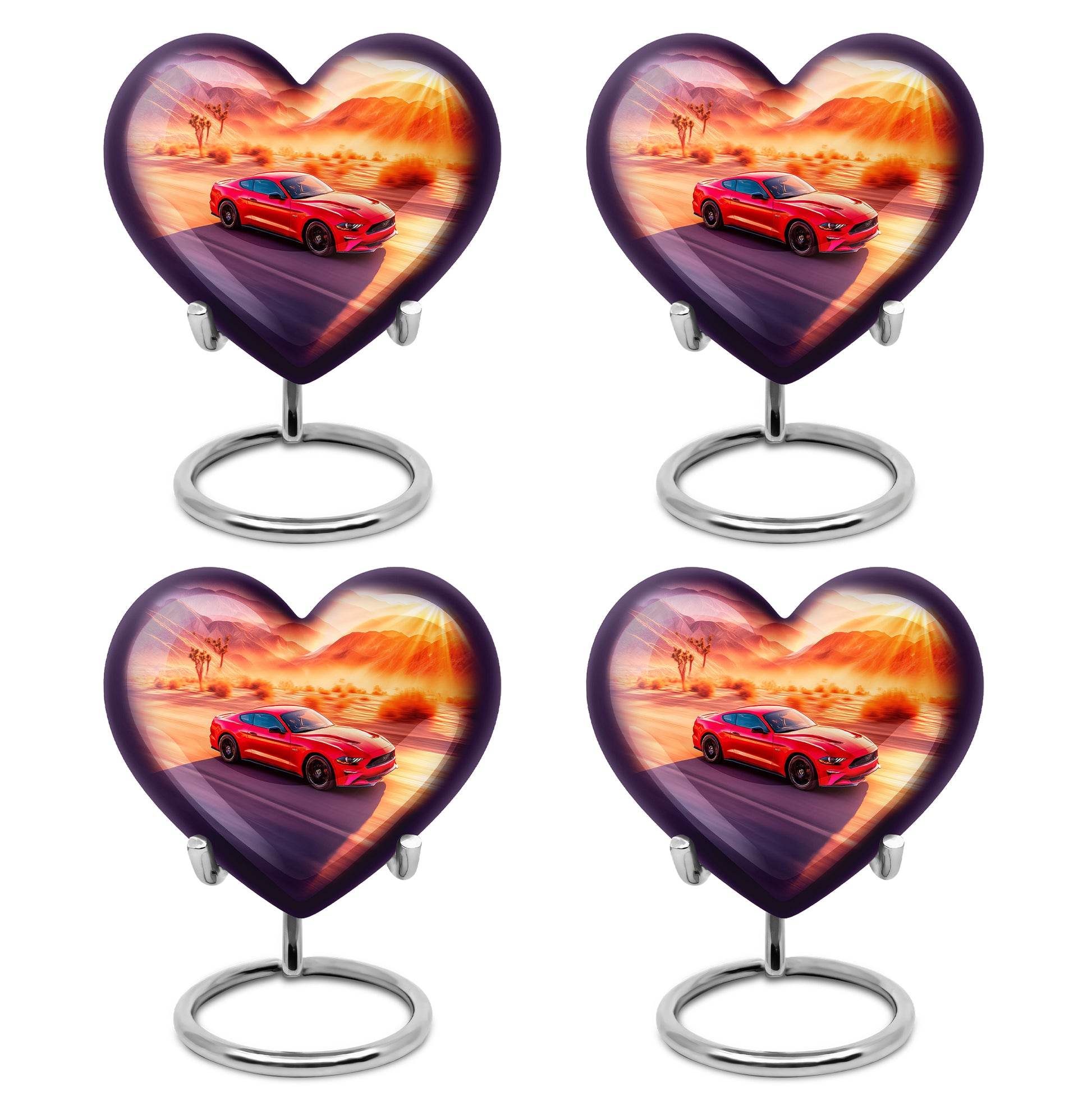 Blush Pink Car Cremation Urn angled view of lid and engraved motif - heart-shaped car design symbolizing eternal love - 10 inch aluminum urn for cremated remains