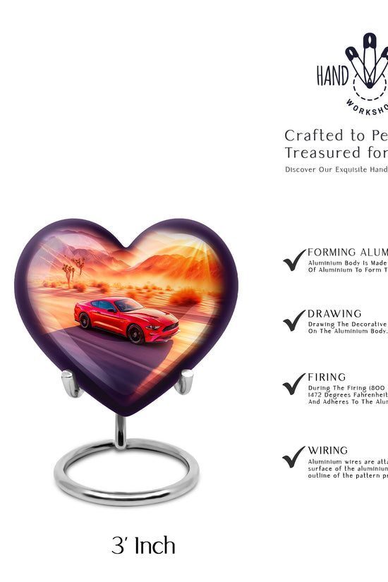 Vintage Pink Car Cremation Urn front view showing detailed design - romantic heart urn with car motif on aluminum - mini keepsake memorial for portion of cremation ashes