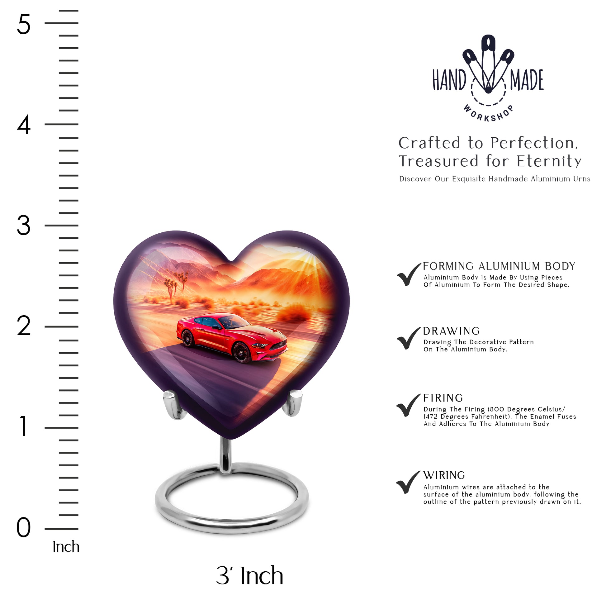 Vintage Pink Car Cremation Urn front view showing detailed design - romantic heart urn with car motif on aluminum - mini keepsake memorial for portion of cremation ashes