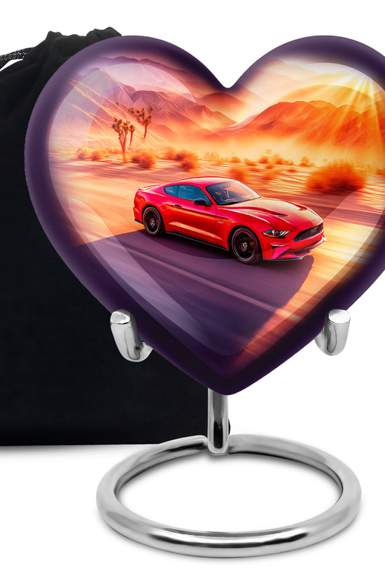 Rose Pink Car Cremation Urn detail view - loving heart memorial featuring car pattern - full-size 10 inch 200 cubic inch adult cremation urn