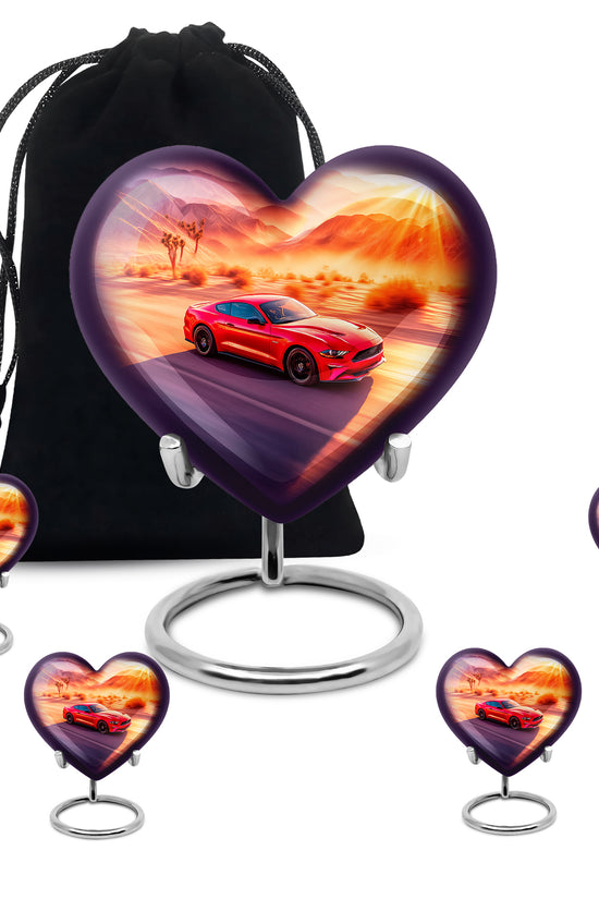 Dusty Pink Car Cremation Urn close-up of engraving and surface detail - compassionate heart-car combination with gentle curves - memorial set with one large and four small urns