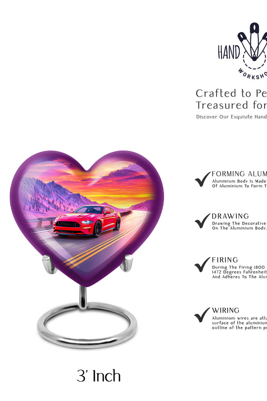 Vivid Blue Car Cremation Urn front view showing detailed design - romantic heart urn with car motif on aluminum - mini keepsake memorial for portion of cremation ashes