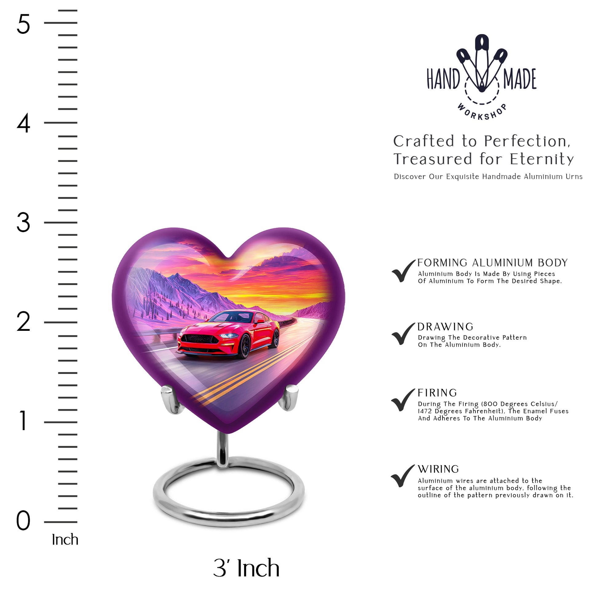 Vivid Blue Car Cremation Urn front view showing detailed design - romantic heart urn with car motif on aluminum - mini keepsake memorial for portion of cremation ashes