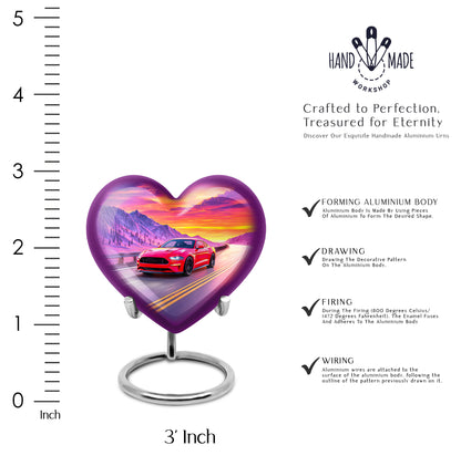 Vivid Blue Car Cremation Urn front view showing detailed design - romantic heart urn with car motif on aluminum - mini keepsake memorial for portion of cremation ashes