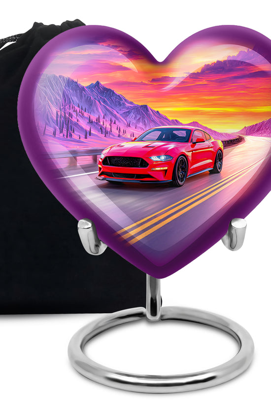 Sapphire Blue Car Cremation Urn detail view - compassionate heart-car combination with gentle curves - full-size 10 inch 200 cubic inch adult cremation urn