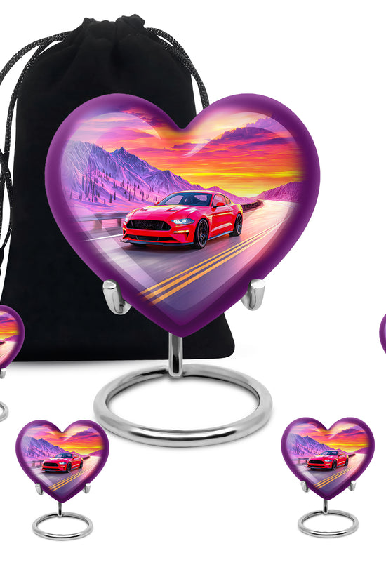 Twilight Blue Car Cremation Urn close-up of engraving and surface detail - romantic heart urn with car motif on aluminum - memorial set with one large and four small urns