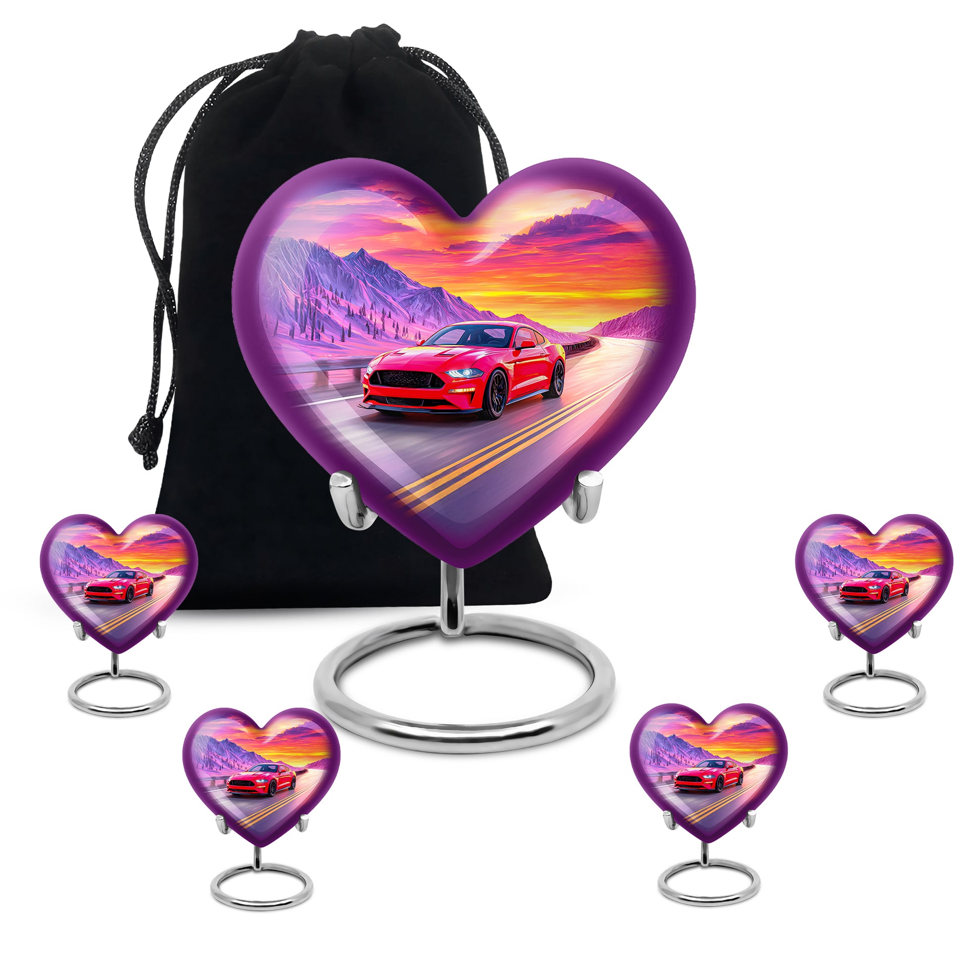 Twilight Blue Car Cremation Urn close-up of engraving and surface detail - romantic heart urn with car motif on aluminum - memorial set with one large and four small urns