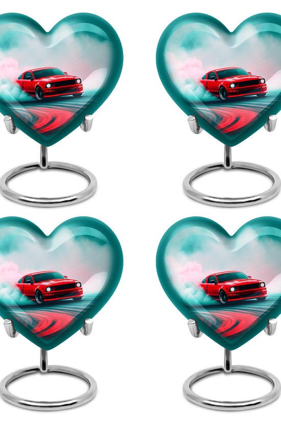 Mystic Teal Car Cremation Urn angled view of lid and engraved motif - romantic heart urn with car motif on aluminum - 10 inch aluminum urn for cremated remains
