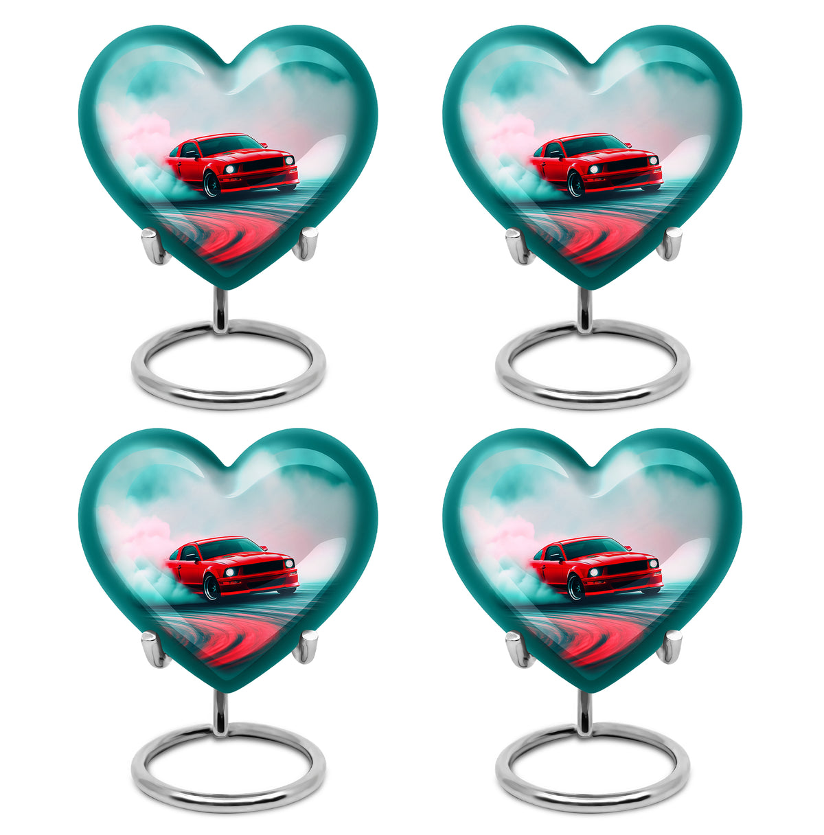 Mystic Teal Car Cremation Urn angled view of lid and engraved motif - romantic heart urn with car motif on aluminum - 10 inch aluminum urn for cremated remains