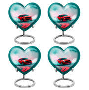 Mystic Teal Car Cremation Urn angled view of lid and engraved motif - romantic heart urn with car motif on aluminum - 10 inch aluminum urn for cremated remains