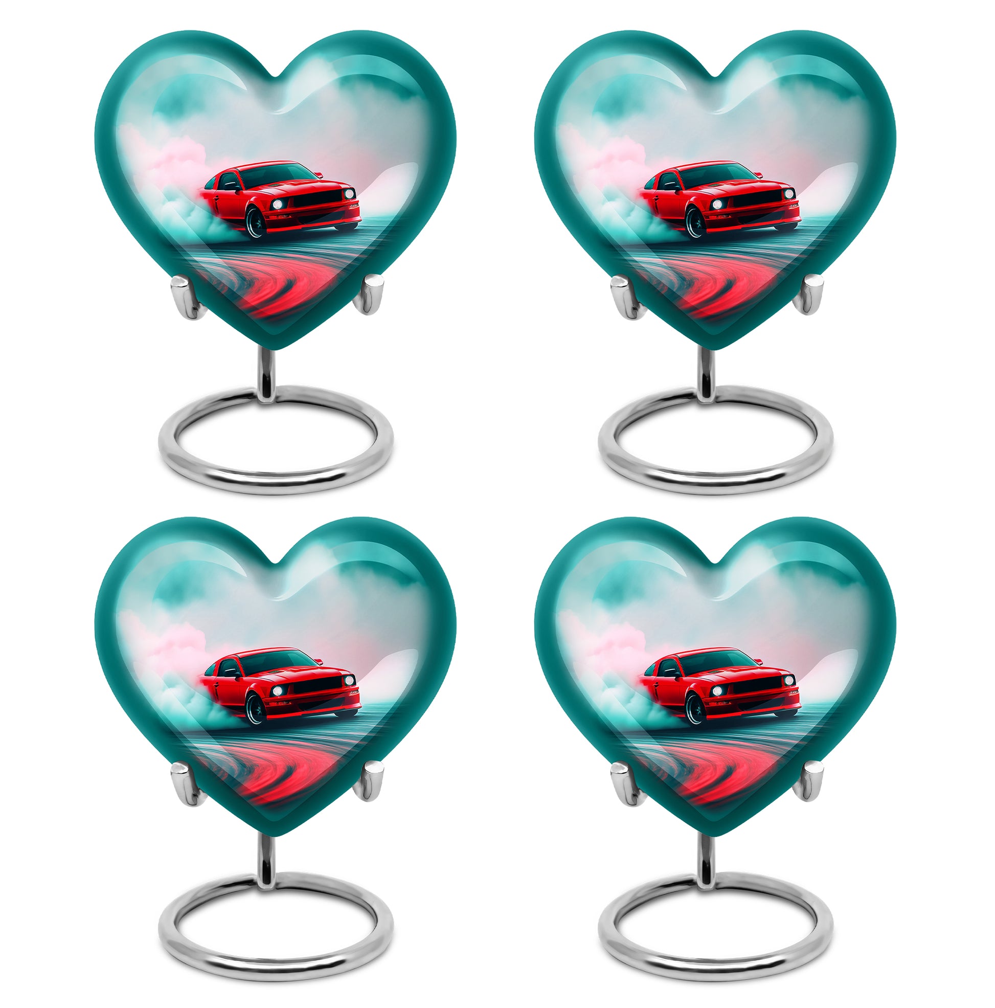 Mystic Teal Car Cremation Urn angled view of lid and engraved motif - romantic heart urn with car motif on aluminum - 10 inch aluminum urn for cremated remains