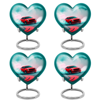 Mystic Teal Car Cremation Urn angled view of lid and engraved motif - romantic heart urn with car motif on aluminum - 10 inch aluminum urn for cremated remains
