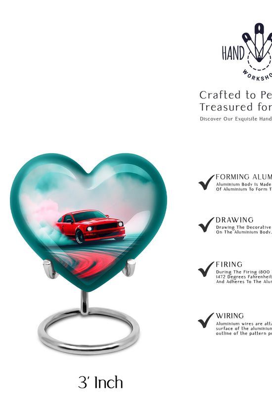 Aqua Teal Car Cremation Urn front view showing detailed design - romantic heart urn with car motif on aluminum - mini keepsake memorial for portion of cremation ashes