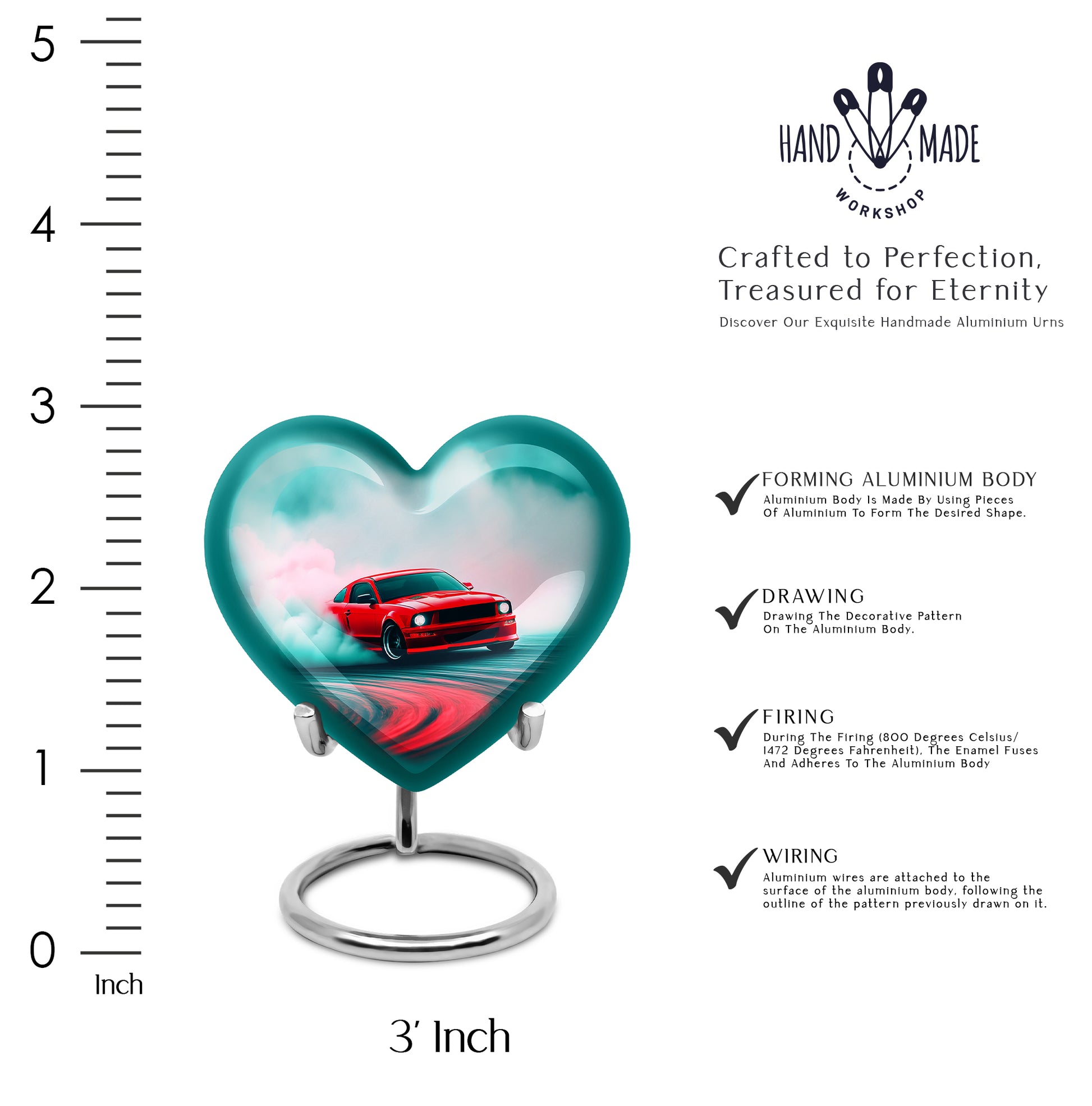 Aqua Teal Car Cremation Urn front view showing detailed design - romantic heart urn with car motif on aluminum - mini keepsake memorial for portion of cremation ashes