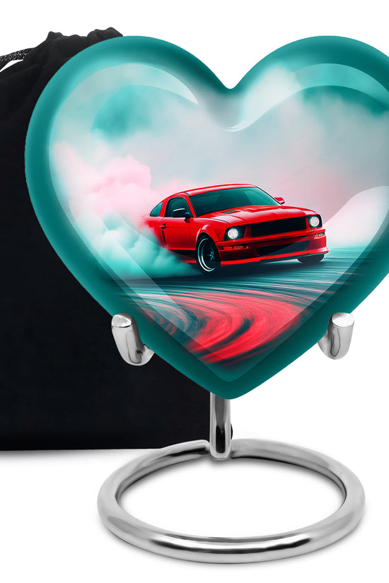 Deep Teal Car Cremation Urn detail view - compassionate heart-car combination with gentle curves - full-size 10 inch 200 cubic inch adult cremation urn