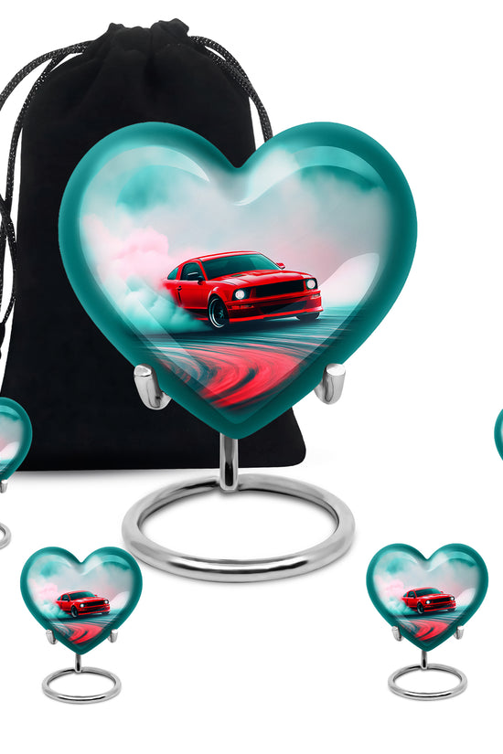 Vivid Teal Car Cremation Urn close-up of engraving and surface detail - romantic heart urn with car motif on aluminum - memorial set with one large and four small urns
