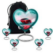 Vivid Teal Car Cremation Urn close-up of engraving and surface detail - romantic heart urn with car motif on aluminum - memorial set with one large and four small urns
