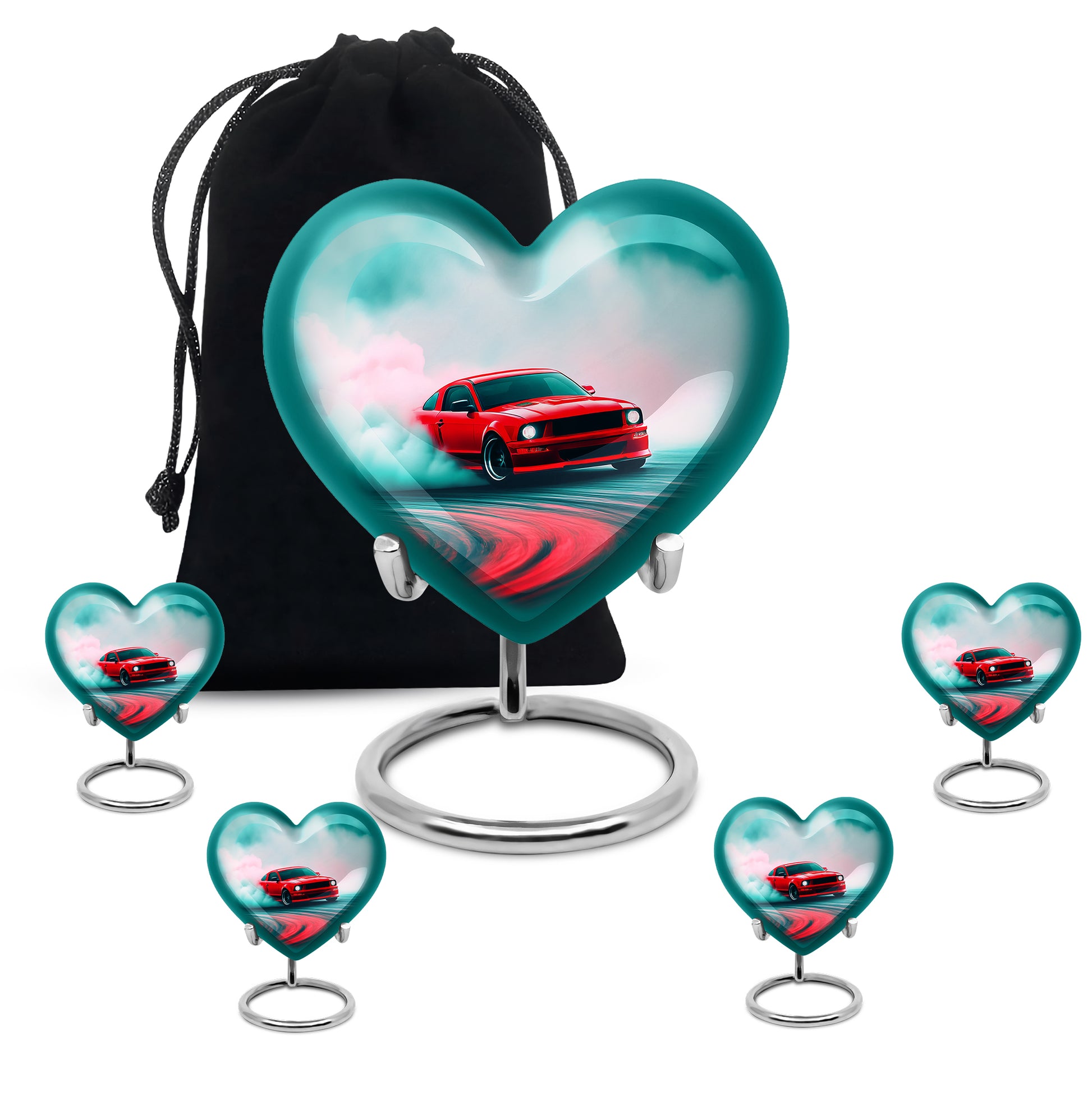Vivid Teal Car Cremation Urn close-up of engraving and surface detail - romantic heart urn with car motif on aluminum - memorial set with one large and four small urns