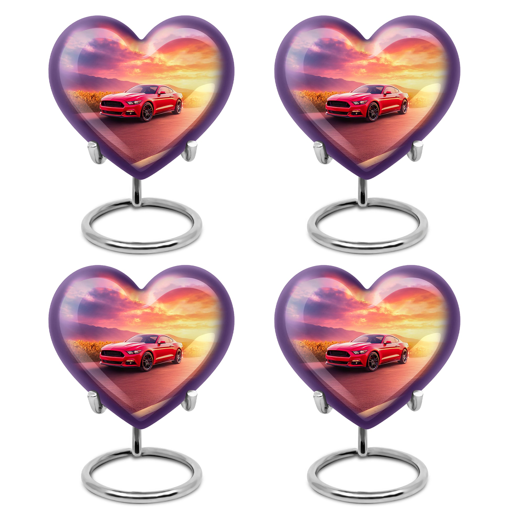 Cornflower Blue Car Cremation Urn angled view of lid and engraved motif - compassionate heart-car combination with gentle curves - 10 inch aluminum urn for cremated remains