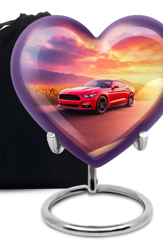 Navy Blue Car Cremation Urn detail view - heart-shaped car design symbolizing eternal love - full-size 10 inch 200 cubic inch adult cremation urn