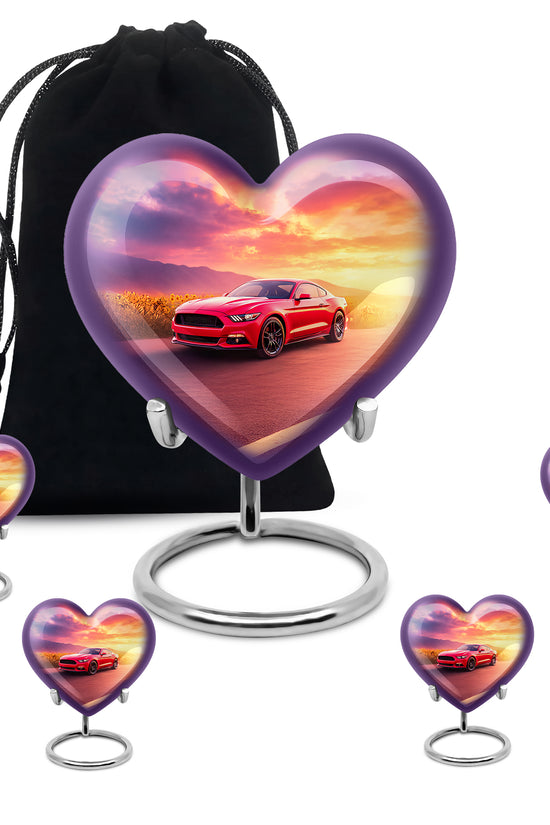 Sky Blue Car Cremation Urn close-up of engraving and surface detail - heart-shaped car design symbolizing eternal love - memorial set with one large and four small urns