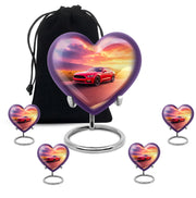 Sky Blue Car Cremation Urn close-up of engraving and surface detail - heart-shaped car design symbolizing eternal love - memorial set with one large and four small urns