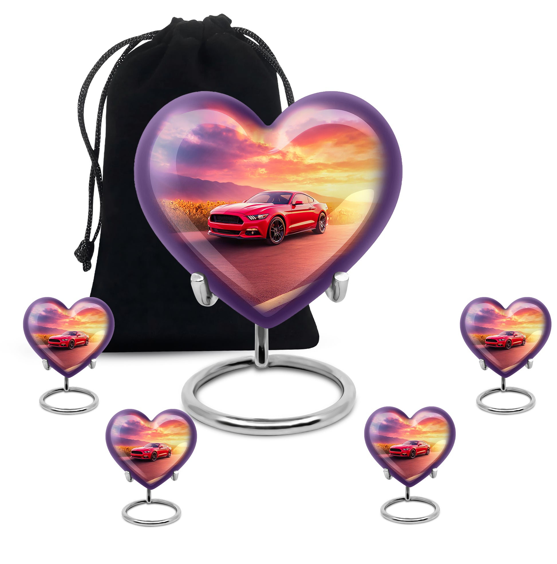 Sky Blue Car Cremation Urn close-up of engraving and surface detail - heart-shaped car design symbolizing eternal love - memorial set with one large and four small urns