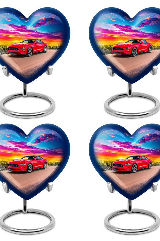 Navy Blue Car Cremation Urn angled view of lid and engraved motif - heart-shaped car design symbolizing eternal love - 10 inch aluminum urn for cremated remains